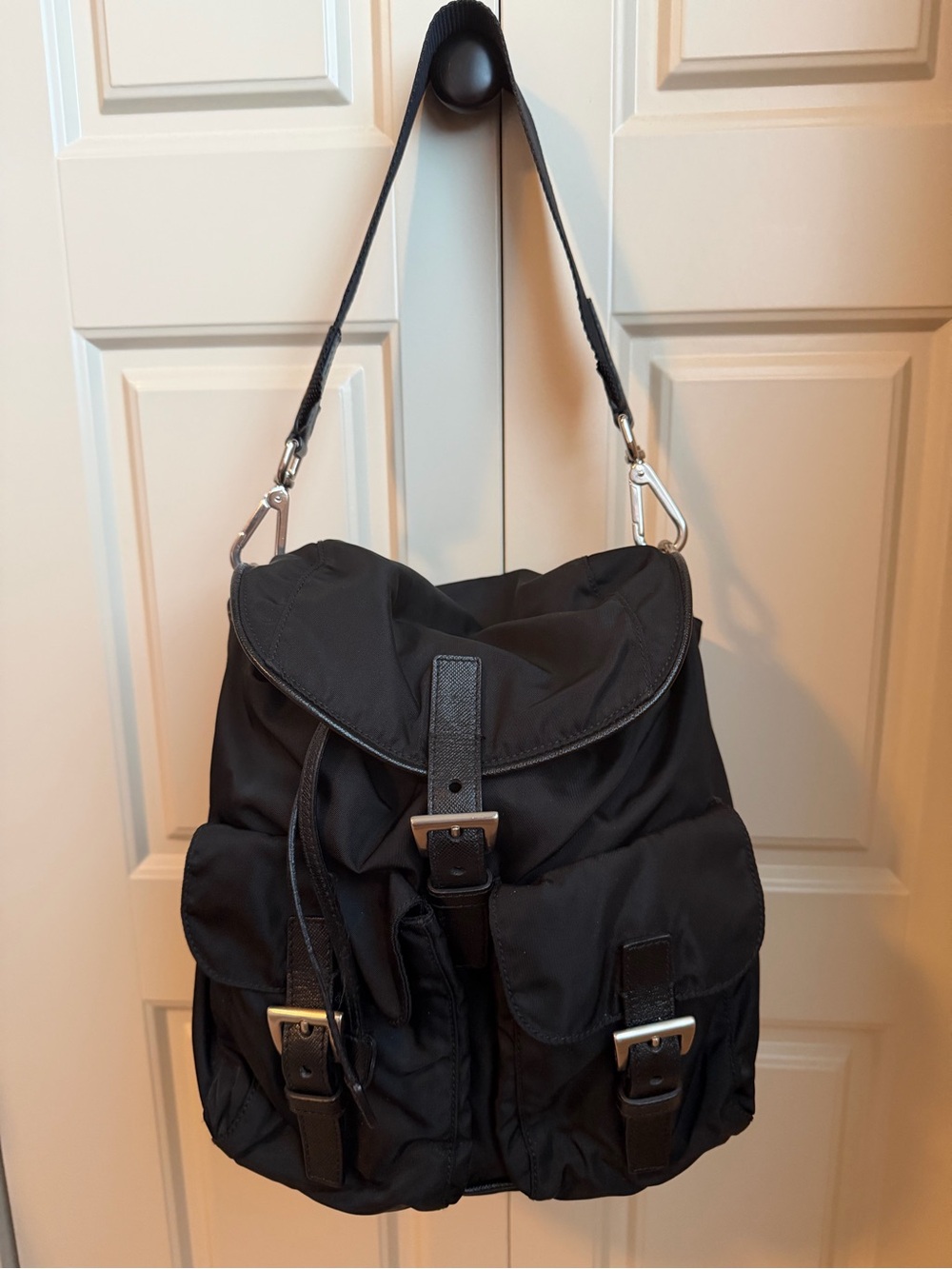 Authentic Prada Black Nylon and Leather shoulder Bag, backpack style